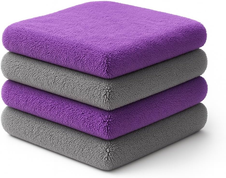 Edgeless Microfiber Towels 4-Pack Car Detailing Wash Cloths for Cleaning 16x16 Car Drying Towel Lint Free Auto Rags for Polishing & Buffing Purple & Grey Cleaning Supplies