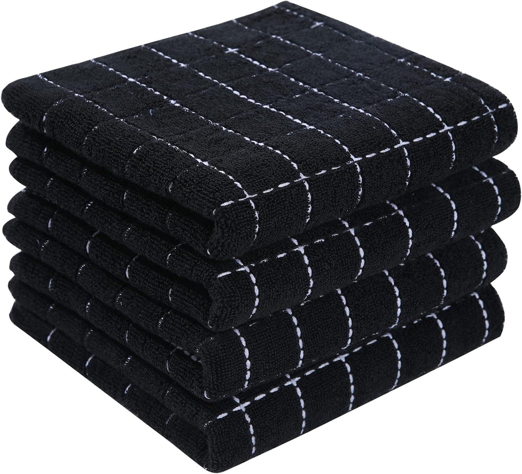 100% Cotton Terry Kitchen Towels(Black, 13 x 28 inches), Checkered Designed, Soft and Super Absorbent Dish Towels, 4 Pack