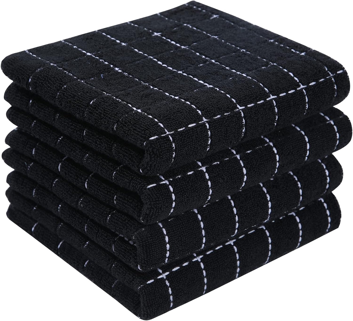 100% Cotton Terry Kitchen Towels(Black, 13 x 28 inches), Checkered Designed, Soft and Super Absorbent Dish Towels, 4 Pack