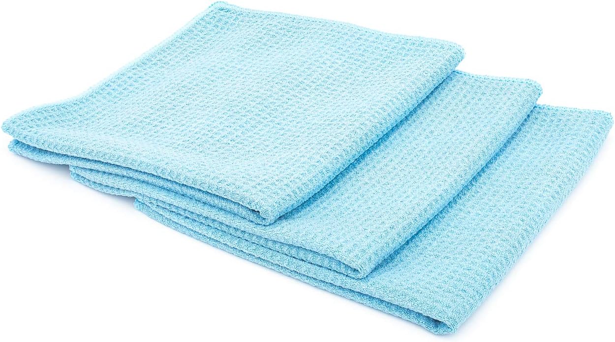 Standard Waffle Weave Towels, Microfiber Detailing, Window/Glass and Drying, Wax & Polish, Lint-Free, Streak-Free, 370, 16in x 16in, Light Blue (3-Pack)