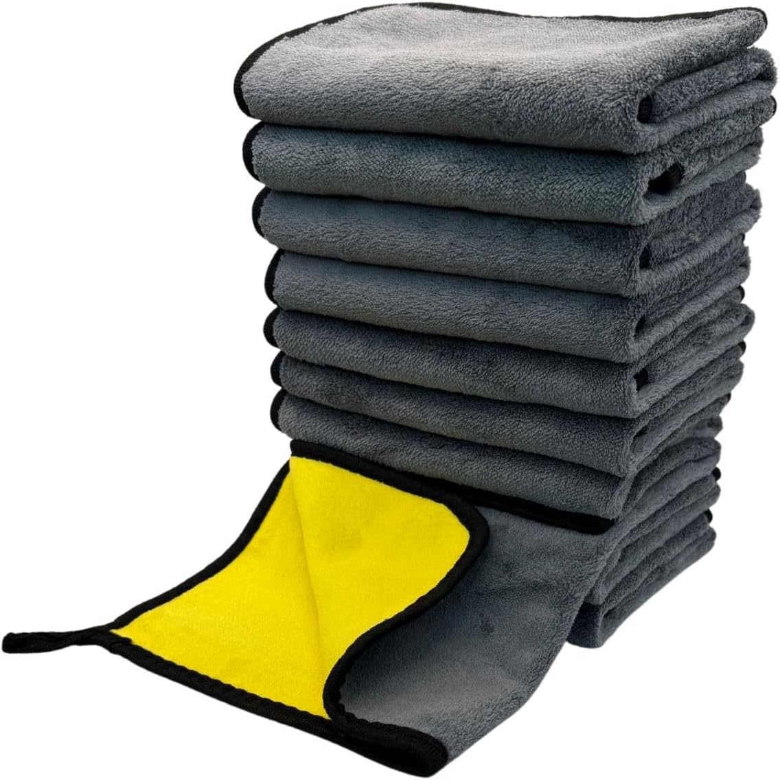 Deluxe Premium Microfiber Towels (Pack of 10) Ultra-Absorbent Soft Polishing Drying Cleaning Washable Durable Thick Professional Car Wax Cloth Household Cleaning 600 Dual-Sided Gray Yellow