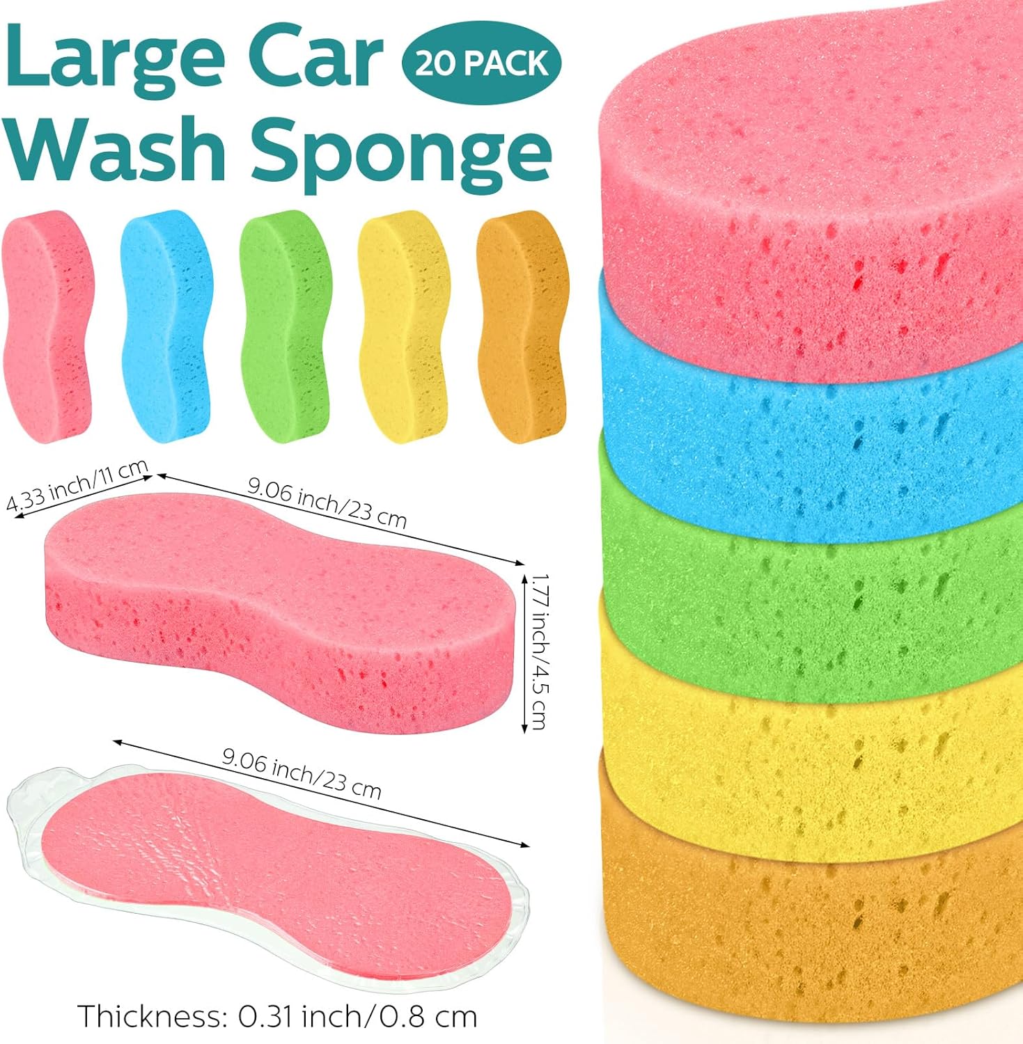 20 Pcs Large Car Wash Sponge Multi Purpose Cleaning Scrubber Non Scratch Thick Dish Household Cleaning Sponge Foam Washing Pad Handy Scrubber for Car, Mix Colors