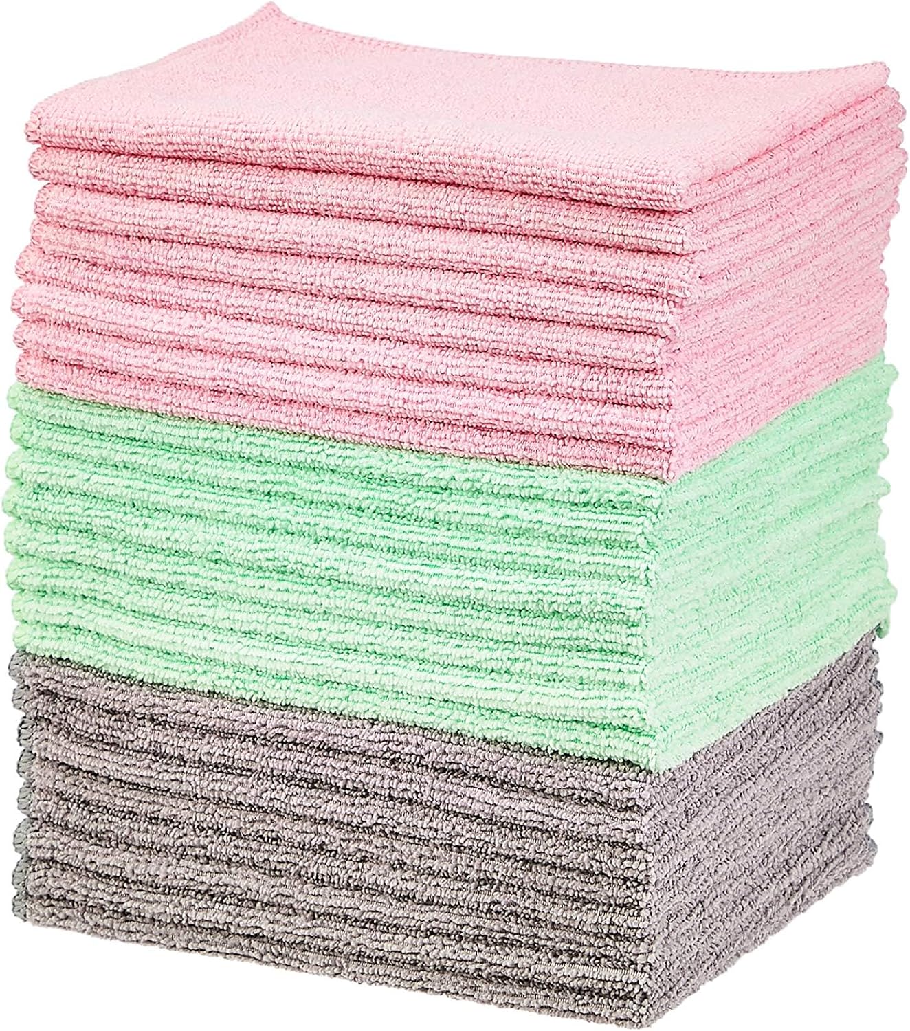 Microfiber Cleaning Cloths, Ultra Soft and Absorbent, Free from Streaks/Lint/Scratch for Cars, 16" x 12", Green/Gray/Pink, 24-Pack