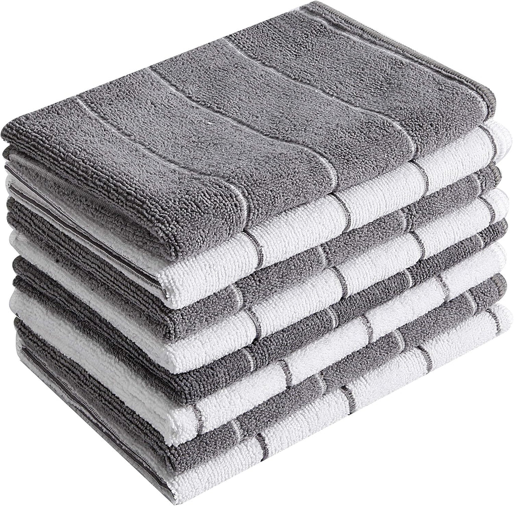 Microfiber Kitchen Towels Super Absorbent, Soft and Solid Color Dish Towels, 8 Pack (Stripe Designed Grey and White Colors), 26 x 18 Inch